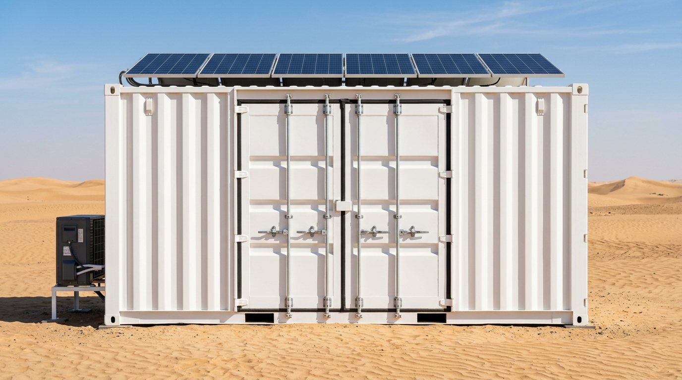Closed 20 ft container laboratory with roof solar panels in the desert