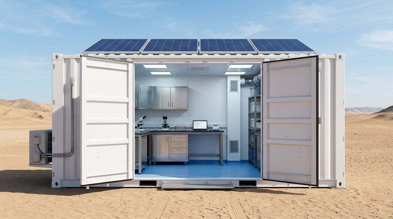 Container laboratory with doors open showing stainless steel benches and blue PVC floor