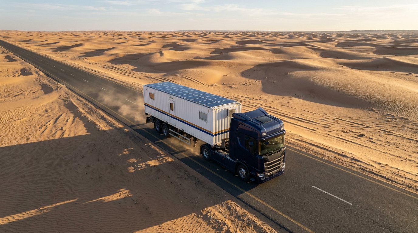 Aerial view of a mobile container laboratory on a truck crossing the desert