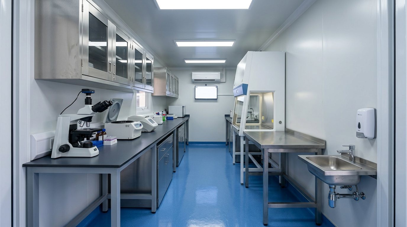 Biosafety container laboratory with Class II biosafety cabinet, stainless steel furniture and blue PVC floor