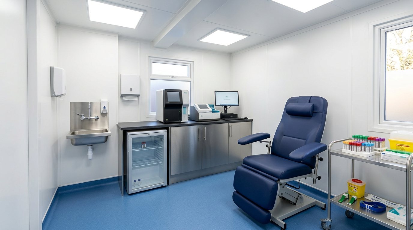Mobile public health screening laboratory with phlebotomy chair, hematology analyzer and sample refrigerator